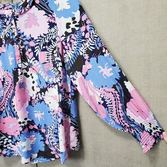 Talbots Petite Viscose Ruffle Neck Smocked Cuff Henley Popover Size MP - Picture 2 of 6